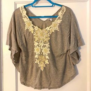 EXPRESS Flowy Gray with Beige Floral Lace Blouse